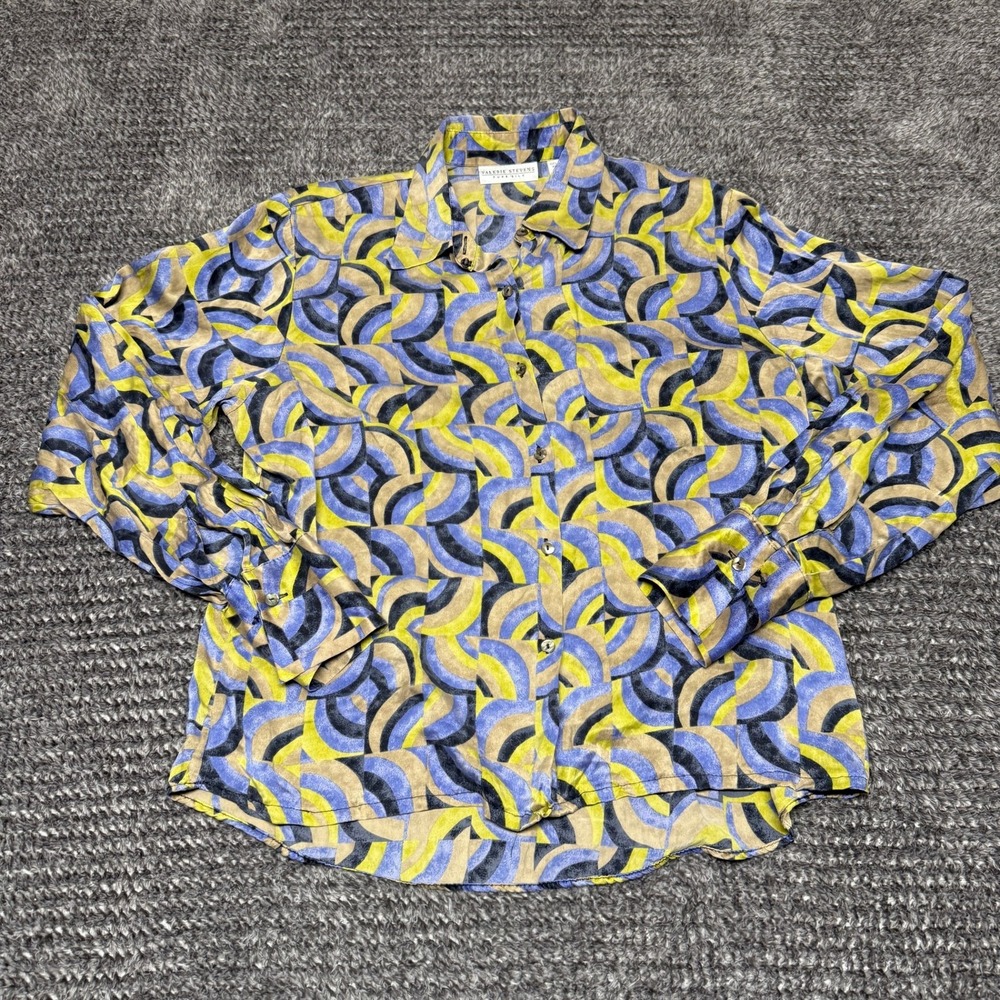 Valerie Stevens Womens Blouse Size 12 Pure Silk Geometric Print Long Sleeve